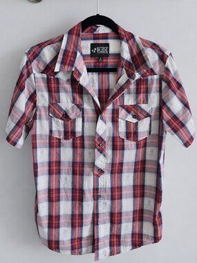 Rude Men Button Up Red Plaid Skull Short Sleeve Shirt - Size S